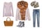 Collage woman clothes. Set of a luxurious female winter jacket with fur hood, a jeans, shoes, a sweater and a handbag isolated on