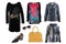 Collage woman clothes. Set of stylish and luxurious trendy women dress, sweater or blouse, jackets, shoes, handbag and accessories