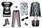 Collage woman clothes. Set of stylish and trendy women dresses, pants, denim vest, jackets, handbag and accessories isolated on a