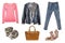 Collage woman clothes. Set of stylish and trendy women jacket, sweater or blouse, jeans, shoes and accessories isolated on a white