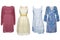 Collage woman dresses. Set of four colorful stylish evening dresses with lace on mannequin isolated on a white background. Summer