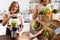 Collage of woman lettuce, touching groceries