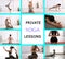 Collage of women practicing poses and text Private Yoga Classes