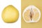 Collage of yellow pomelo on a white background cut in half pomelo on a yellow background