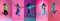 Collage of young beautiful girls jumping isolated on multi colored background in neon. Flyer