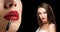 Collage of young beautiful woman apply red lipstick on lips with