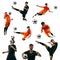 Collage. Young competitive guy, football, soccer athlete in motion with ball, training isolated on white background.