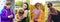 Collage of young girls and men and their pets spending time together outdoors. Sincere emotions. leisure activities