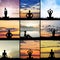 Collage of young meditating women outdoors