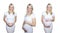 Collage Young Petty Natual Beauty Pregnant Woman Shows a Belly That Begins to Grow Isolated on White Background. 20 Weeks of Pregn