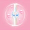 Collagen help heal arthritis knee joint, pain in leg. Healthy bone skeleton x ray scan on pink background.