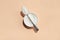 Collagen powder in a silver spoon and white ceramic bowl on peach background