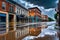 Collapsed Building Bathed in the After-Storm Light: Reflecting Off Floodwaters Inundating a Deserted Landscape