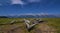 Collapsed weathered wooden structure at Grand Teton Mountain Range