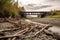 collapsed wooden bridge with a dried-up riverbed