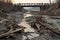 collapsed wooden bridge with a dried-up riverbed