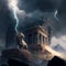 The collapsing Roman pantheon during a thunderstorm and falling lightning. Dramatic moment