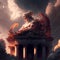The collapsing Roman pantheon during a thunderstorm and falling lightning. Dramatic moment