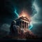 The collapsing Roman pantheon during a thunderstorm and falling lightning. Dramatic moment