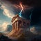 The collapsing Roman pantheon during a thunderstorm and falling lightning. Dramatic moment