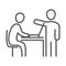 Colleagues in company, laptop in the desk, coworking office business workspace, line icon design