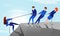 Colleagues pull rope. Teamwork concept with cartoon office workers helping to reach the top of the mountain to their