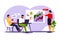 Colleagues working together on project. Business team working together at the big desk. Vector illustration. Flat style