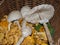 Collected parasol and chanterelle in a basket