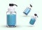 Collection of 3D bottles with dispensers and blue liquid. Cosmetic soap for washing