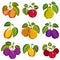 Collection of 3d simple fruits vector icons with green leaves, h