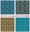 Collection of 4 delicate damask decorative seamless patterns with geometric ornament of blue, teal, orange and violet shades