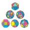 Collection of 6 complex dimensional spheres and abstract geometric figures with black outline. Colorful kaleidoscope facet.