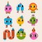 Collection of abstract cartoon characters. Funny Geometric shapes with happy faces. Positive and cute creatures vector set