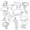 Collection of African animals in a contour flat line art. Zebra camel elephant lion flamingo hippo and giraffe. Use as