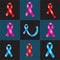 Collection of Aids, breast and prostate cancer ribbons. World AIDS Day. Red, blue, pink color version.