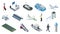 Collection airport isometric icons vector illustration travel terminal. Airline business tourism