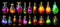 Collection of alchemy flasks and vials of different shapes and colors, containing multicolored glowing potions, isolated on black