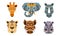 Collection of Animal Heads with Tribal Ethnic Ornament, Giraffe, Elephant, Rhino, Camel, Wild Boar, Hippo Vector