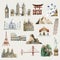 Collection of architectural landmarks around the world watercolor illustration