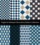 Collection of argyle, harlequin and rhombus plaid patterns. Blue themed textile backgrounds.