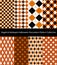 Collection of argyle, harlequin and rhombus plaid patterns. Orange themed textile backgrounds.