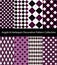 Collection of argyle, harlequin and rhombus plaid patterns. Purple themed textile backgrounds.