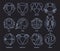 Collection of astrological symbols placed inside round frames drawn with blue contour lines on black background. Bundle