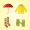 Collection of autumn clothes set items the fall hat scarf gloves coat raincoat parka mulled wine vector illustration