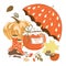 Collection of autumn items like marmalade jar,