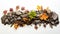 A collection of autumn leaves, rocks, and wood pieces artistically arranged on a white background symbolizing the fall season