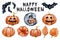 Collection of autumn symbols. Lettering Happy Halloween. Black torn jagged letters with holiday symbols - spider web, spider, even