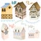 Collection of bavarian houses, flags and garlands; hand painted illustration