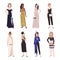 Collection of beautiful young women in evening outfits. Set of girls wearing elegant formal dresses and jumpsuit. Bundle