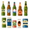 Collection of beer cans and bottles. Template flat icon. Alcoholic drink. Illustration isolated on white background